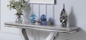 English Elm Glam Luxurious Sofa Table with Faux Marble Beveled Top and Curved Pedestal Base for Elegant Living Rooms Chrome 19 L x 58 W x 4 H B2741S00432