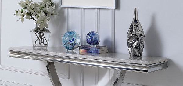 English Elm Glam Luxurious Sofa Table with Faux Marble Beveled Top and Curved Pedestal Base for Elegant Living Rooms Chrome 19 L x 58 W x 4 H B2741S00432