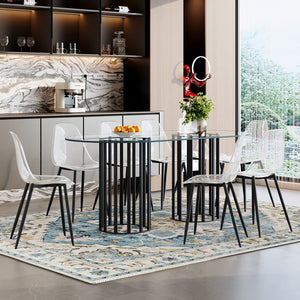 English Elm Table and Chair Set Oval Glass Top Seats 8 with Ghost Chairs Luxury Modern Dining W1151S04762