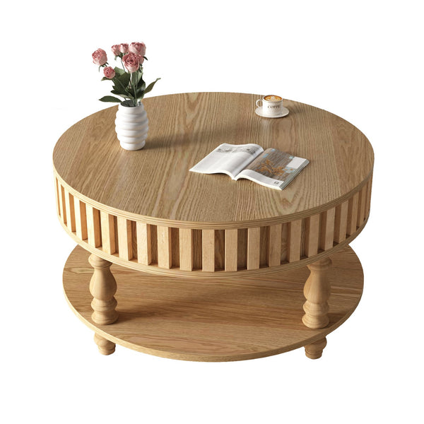 English Elm Farmhouse Fluted Square Coffee Table with Flip Top Hidden Compartment and Open Shelf Natural Wood W1445P370481