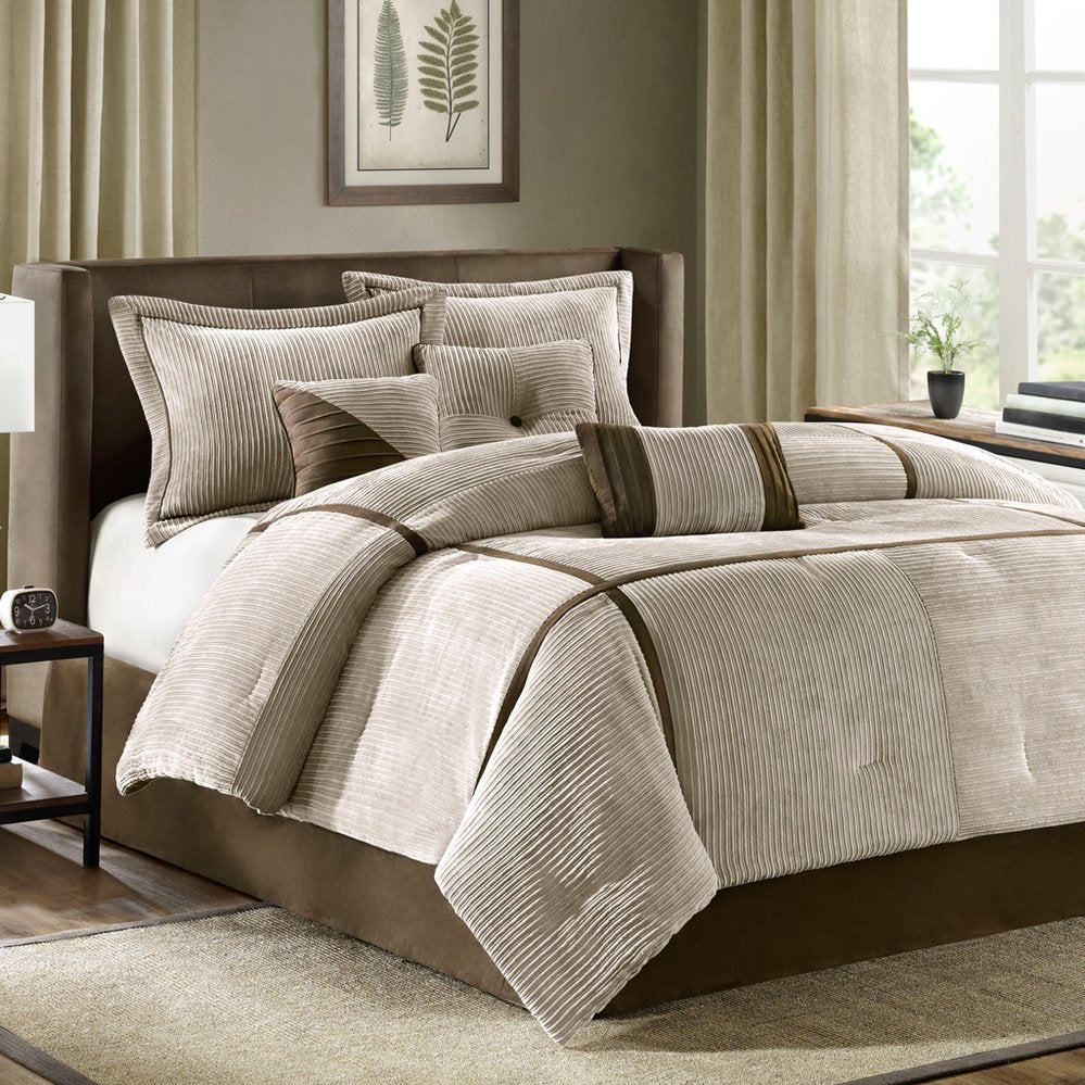 JLA Home Madison Park - 7 Piece Micro Corduroy Comforter Set Taupe with Chocolate Piping — Plush, Lightweight, Year-Round Cozy Appeal 90 L x 90 W x 1.5H MP10-313