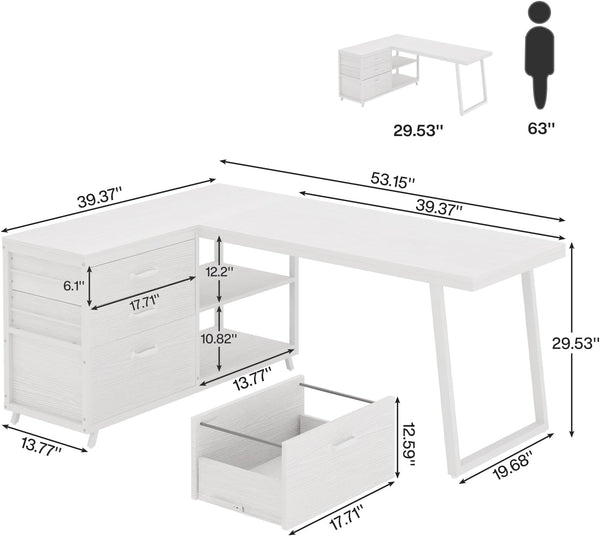 English Elm Working L-shaped Corner Desk with File Drawer Open Shelves and Veneer Surface T3971P457201