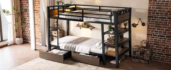 English Elm Full Size Metal Loft Bed with Stair Storage Shelves Bookshelf for Dorms Bedroom W1580S00346
