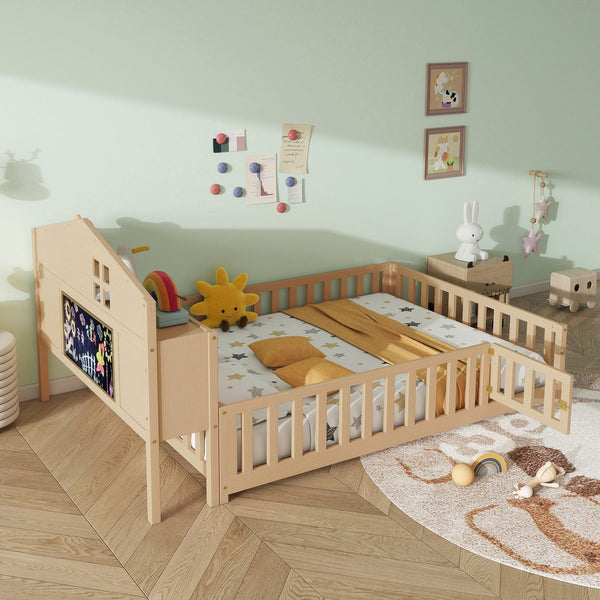 English Elm Full-size Montessori Floor Bed with Built-In Bookcase and Chalkboard, Space-Saving Solid Wood Platform for Kids Natural 56.3 L x 17.32 W x 5.31 H W1716S00014