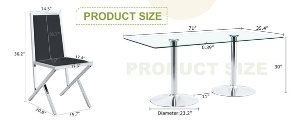 English Elm Table and Chair Set Tempered Glass Top with Silver Metal Frames Seats 8 Dining Black+Silver W1151S04768