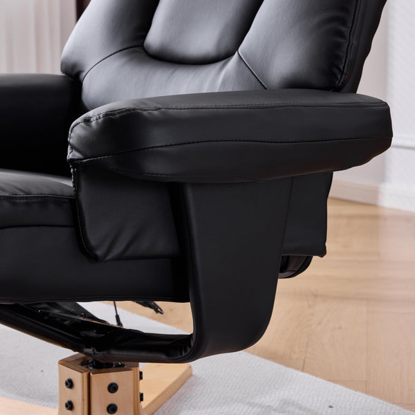 English Elm Black Pu Leather Swivel Accent Chair with Ottoman Heated Massage Wood Base Lounge W3248P465018