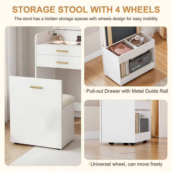 English Elm Flip-top Vanity with Led Lighting Folding Mirror Stool and Storage for Small Bedrooms W3767P441920