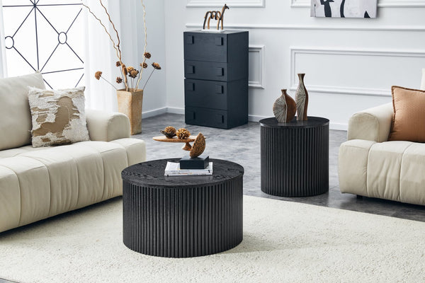 English Elm 2-piece Nesting Round Tables Roman Column Base with Storage Black Wood Grain Living Room W3875P396796