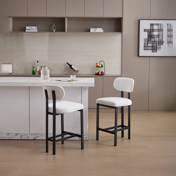 English Elm Bar Stools Set of 2 Upholstered Fabric Seat with Foam Cushion Black Metal Legs Cream W3244P310202