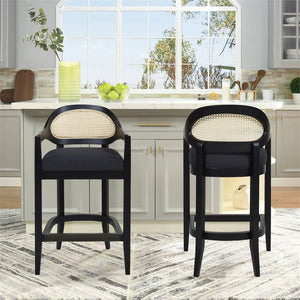 English Elm Jennifer Taylor Home - Americana Mid-Century Modern 30.5" Cane Back Bar Stool with Solid Oak Frame, Handmade Craftsmanship Black B2719P297791