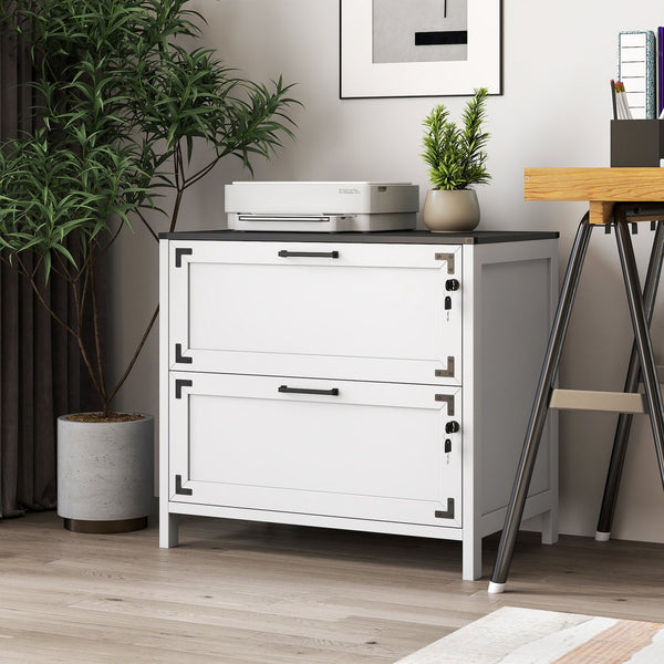 English Elm 2 Drawer Farmhouse File Cabinet with Lock for Home Office – Rustic Charm, Secure Storage, Spacious Organization White W331P272379