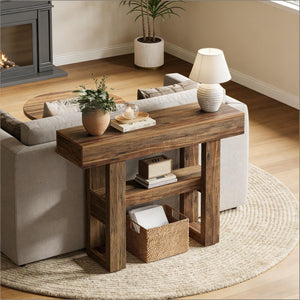 English Elm Entryway Console Table Two Tier Open Shelf Farmhouse Sofa Vintage Brown Finish T3971P460506