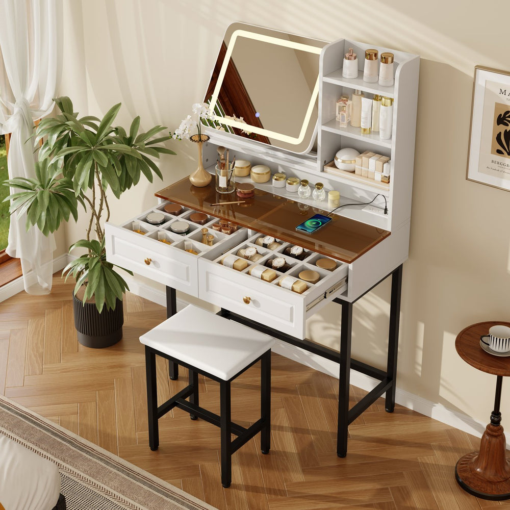 English Elm Makeup Vanity Set with Rotating Led Mirror Amber Glass Top Drawers and Charging Station N704P385441K