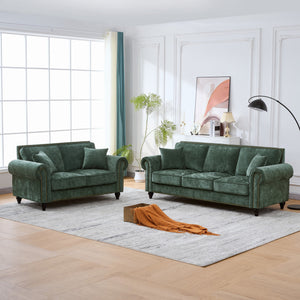 English Elm 63" Modern 2-Seater Sofa with Chenille Velvet, Rolled Arms, Nailhead Trim, Solid Wood Frame Durable Green W3373S00043