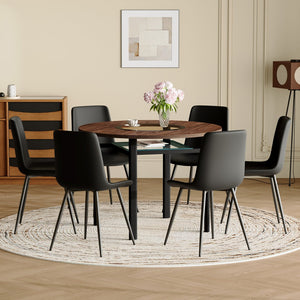English Elm Table Set 42 Inch Round Wood Grain Glass Inlay with Six Tech-fabric Dining Chairs Brown+Black W1151S04482