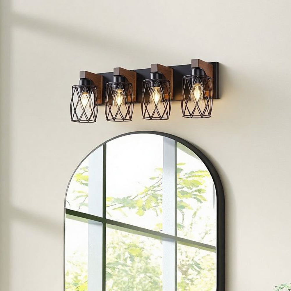 English Elm 4-light Industrial Farmhouse Vanity Bar Wood Backplate Matte Black Cage Bathroom Sconce T3963P458304