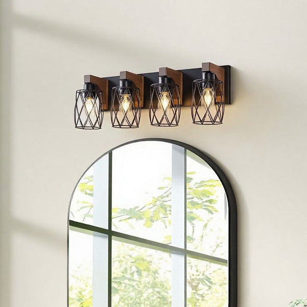 English Elm 4-light Industrial Farmhouse Vanity Bar Wood Backplate Matte Black Cage Bathroom Sconce T3963P458304