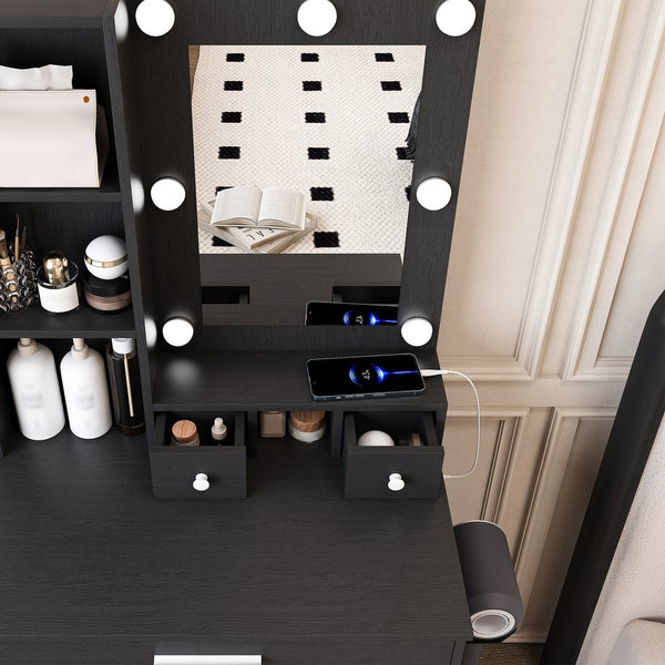 English Elm Vanity compact dressing desk with LED mirror, 3-color dimmable lights, drawers, stool, outlet Black W2699P345801