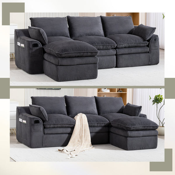 English Elm L Shaped Corduroy Modular Sectional with Cloud Cushions Footstool and Lumbar Pillows Gray W395S00140