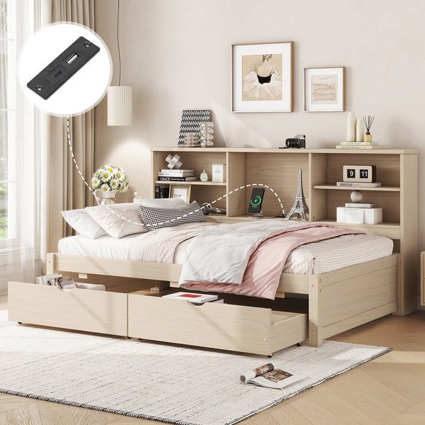 English Elm Twin Storage Bed with Bookcase Headboard Built-in Usb Charging and Two Drawers Natural W697S00038