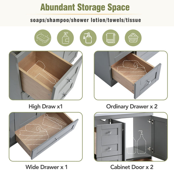 English Elm 36 Inch Shaker Bathroom Vanity with Resin Sink Four Soft Close Drawers Mdf Cabinet Gray N729P000028E