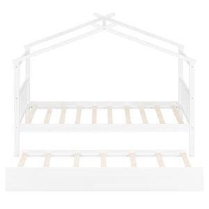 English Elm Twin House Bed Solid Pine Cottage Frame with Pull Out Trundle for Kids Bedroom White N708P309238K