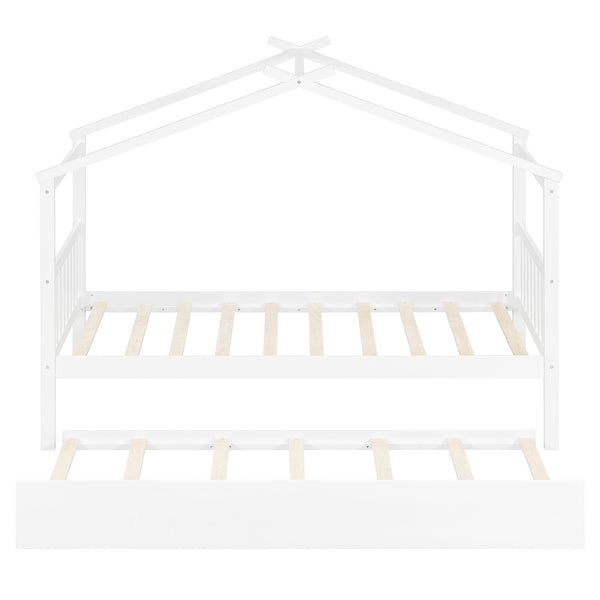 English Elm Twin House Bed Solid Pine Cottage Frame with Pull Out Trundle for Kids Bedroom White N708P309238K