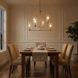 English Elm Timeless Six Light Satin Brass Chandelier with Ribbed Glass for Dining Rooms B183P231768