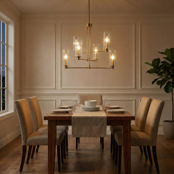 English Elm Timeless Six Light Satin Brass Chandelier with Ribbed Glass for Dining Rooms B183P231768