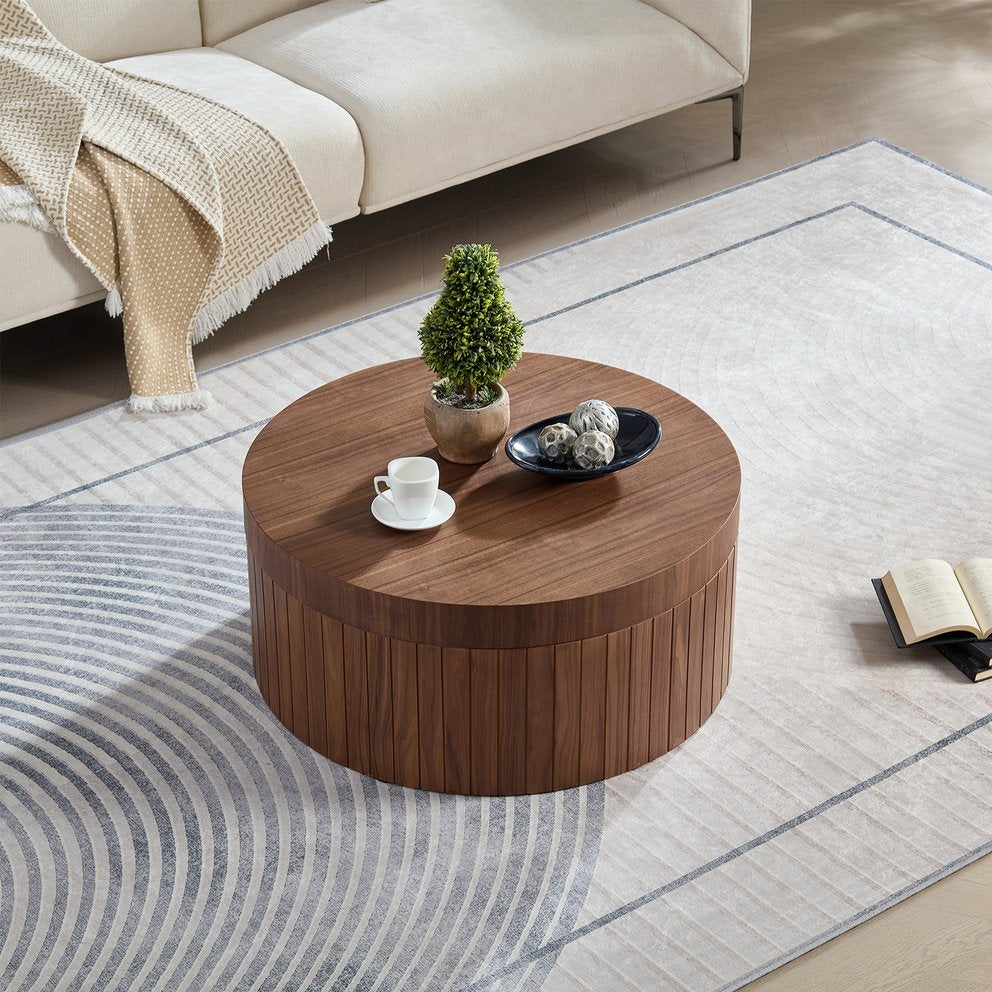 English Elm Round Wood Grain Coffee Table with Rotating Top and Hidden Storage for Modern Living Walnut W2085P399013