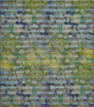 Unique Loom Outdoor Modern Vortex Machine Made Bohemian Rug Blue, Beige/Green/Navy Blue 10' 0" x 12' 2"