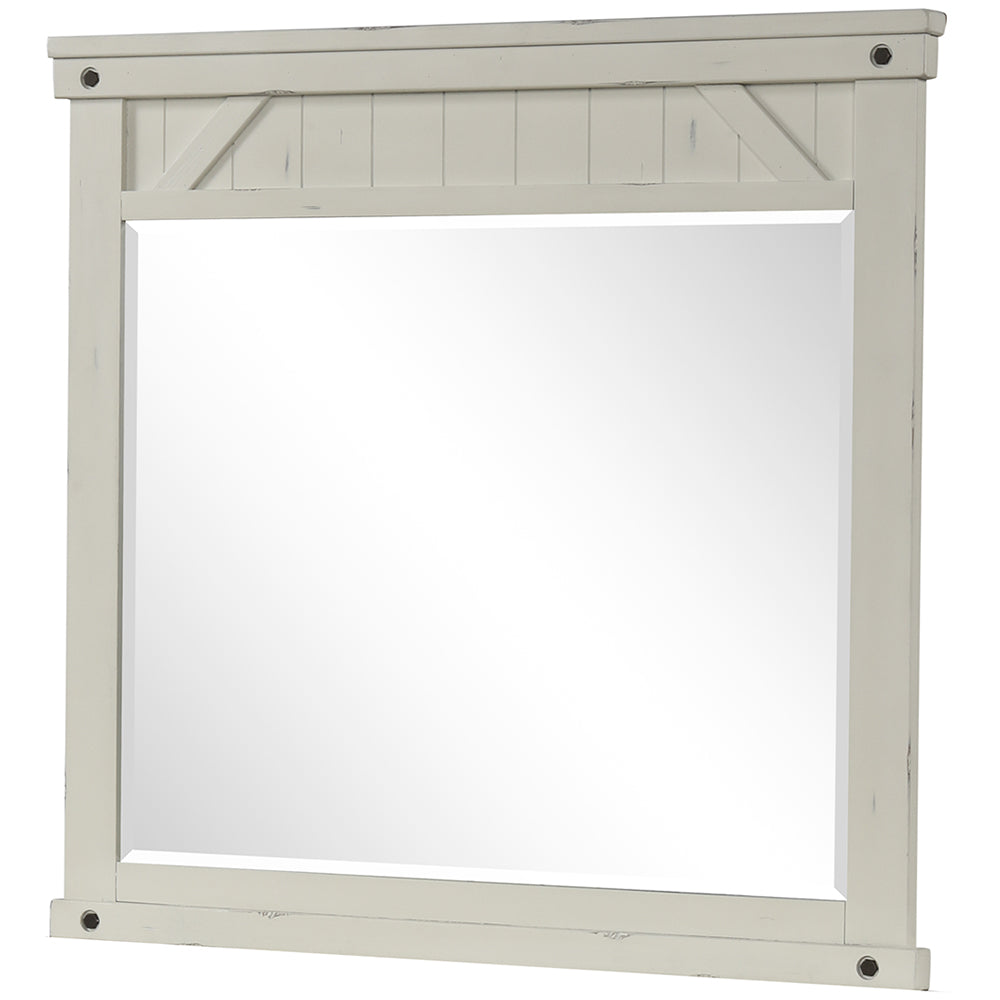 English Elm Industrial Farmhouse Mirror White Solid Wood & Glass - Beveled Glass, Birch Veneer, Burnished Brass Accent, Distressed Pine Frame B2699P239136