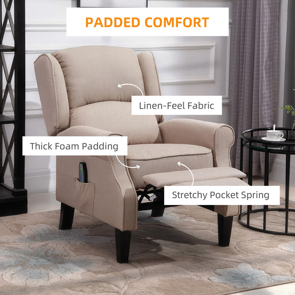 English Elm HOMCOM Linen Massage Recliner Sofa with Heat & Remote, Pocket Spring Comfort, 140° Recline Beige W2225P173855