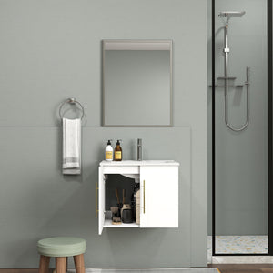 English Elm 24-Inch Wall-Mounted Bathroom Vanity & Mirror Combo - Modern Glossy White, Gold Handles, Soft Close W3151S00033