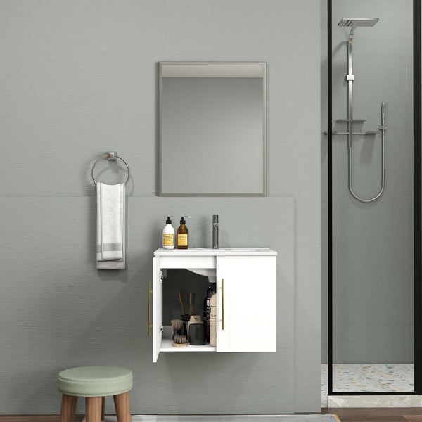 English Elm 24-Inch Wall-Mounted Bathroom Vanity & Mirror Combo - Modern Glossy White, Gold Handles, Soft Close W3151S00033