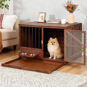 English Elm 33" Pine Wood Pet Crate End Table with Walnut Finish Swivel Feeder and Foldable Frame N843P322021W
