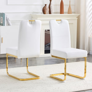 English Elm Modern Cantilever Gold Frame Pu Leather Dining Chairs Glam Set of Four White W3875P372993
