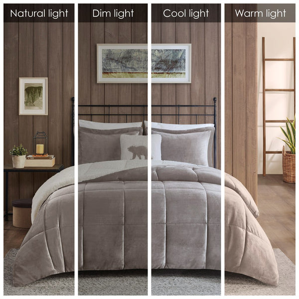 English Elm King Alton Plush-to-Sherpa Down Alternative Comforter Set — Reversible Cozy Berber, Hypoallergenic, OEKO-TEX Certified, Machine Washable Grey+Ivory 22.44 L x 20.87 W x 15.35 H B035100469