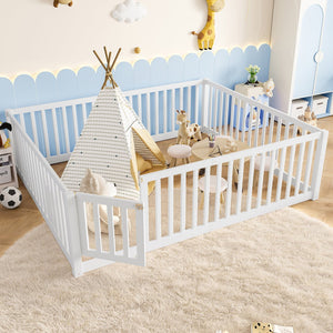 English Elm Queen Kids Floor Bed Pine Wood Frame with Safety Rails Door and Low Profile Design Light White W1580P417672