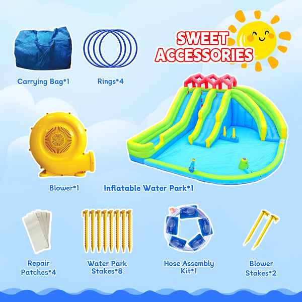 English Elm 7 in 1 Inflatable Backyard Water Park with Triple Slides Climbing Wall and Sprinkler W1677P247457