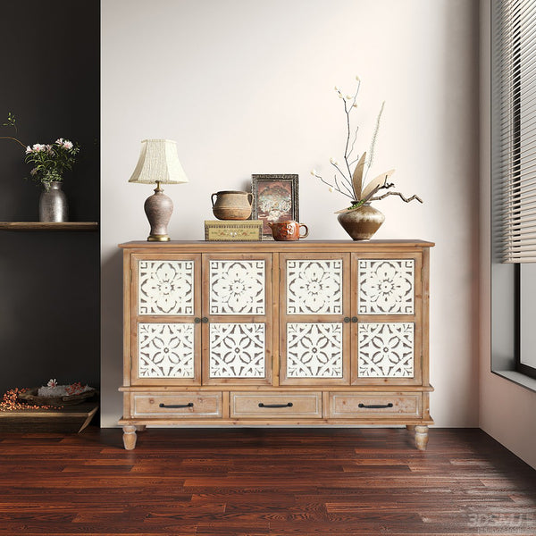 English Elm 59.06" Rustic Natural Wood Accent Cabinet with 4 Doors & 3 Drawers, Adjustable Shelves, Durable MDF W2295P290643