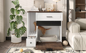 English Elm Cat Hidden Litter Box Furniture with 2 Drawers & Door, MDF Cat House End Table for Living Room, White/Brown N704P287849D