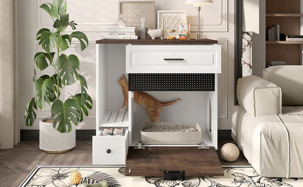 English Elm Cat Hidden Litter Box Furniture with 2 Drawers & Door, MDF Cat House End Table for Living Room, White/Brown N704P287849D