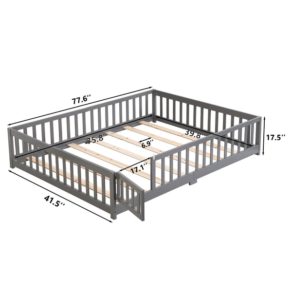 English Elm Twin Pine Wood Floor Bed with Safety Guardrails and Door for Kids Bedroom Gray W495123238
