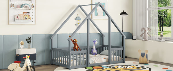 English Elm Twin Wood House-Shaped Floor Bed with Fence and Guardrails – Playful Pine Frame for Imaginative Kids Retreat Grey W504P143289