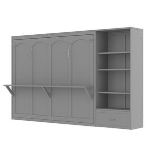 English Elm Queen Murphy Wall Bed with Folding Platform Side Cabinet Drawer and Adjustable Shelves Gray N733S407545E