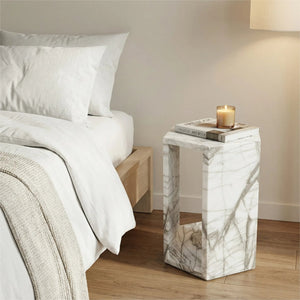 English Elm Genuine Solid Marble Hexagonal Pedestal End Table Polished Stone for Modern Living White+Multi W1696P408000