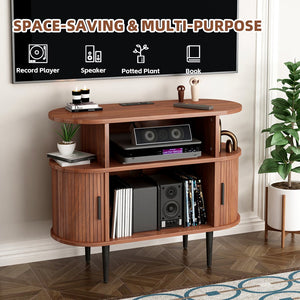 English Elm Large Mid Century Walnut Turntable Stand with Vinyl Storage and Built in Usb Charging W2641P442531