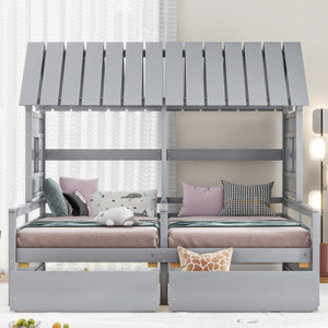English Elm Twin House Platform Bed with Pitched Roof and Two Under-Drawers for Shared Kids’ Rooms, Durable Pine Gray GX000452AAE