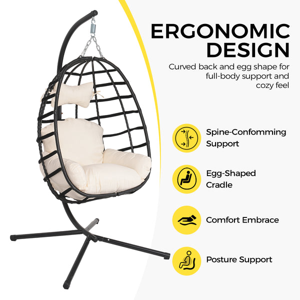 English Elm Egg Hanging Chair with Stand Pe Rattan Swing Seat Washable Cushion Patio Bedroom T5880P497427